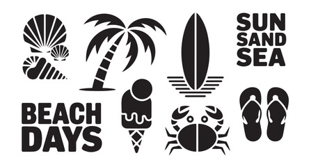 Collection of beach and summer holiday related icons and typography elements © VANU