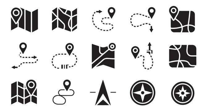 Map and navigation icons including route paths folded maps and compass elements