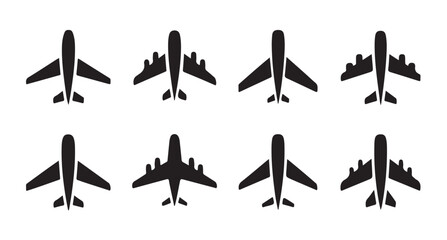 Eight stylized black airplane silhouettes, clean vector graphics for aviation themes © VANU