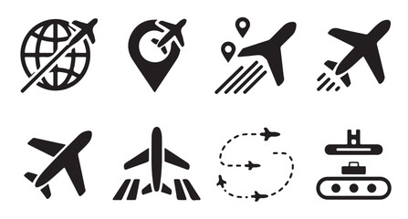 Aviation and travel icons set featuring airplane silhouettes globe and location pin symbols