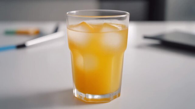 A glass of orange juice with ice on a white table in a modern setting with blurred background