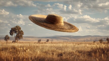 Professional landscape photography of a wide brimmed straw hat floating over a golden field