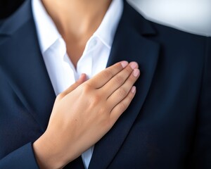 Gen Z Leader concept. Person in suit with hand on chest showing loyalty or pledge gesture