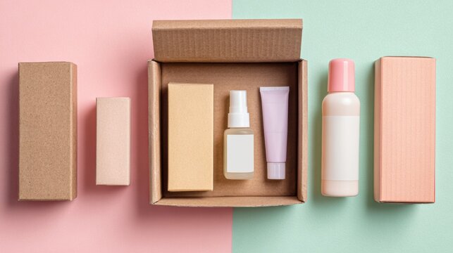 Monthly Subscription Delivery Box Displays Various Skincare Products on Pastel Backdrop With Clean Flat Lay Design and Empty Space for Text Use
