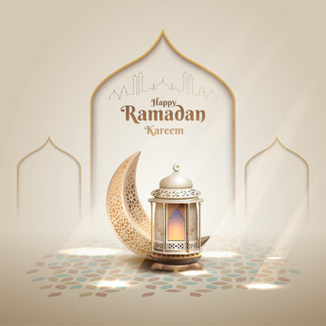 islamic greetings ramadan kareem card design with islamic decoration, lantern, and crescent moon