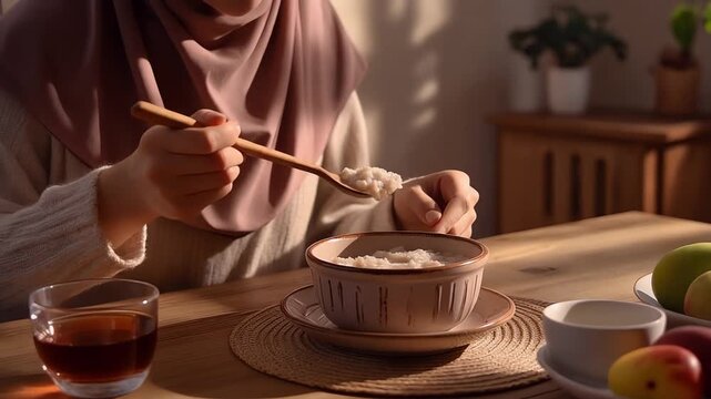 A person pours milk into a bowl with chopsticks on a wooden table in a serene environment