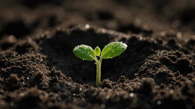 Life Starts Here. Seed Germination & New Life Emerging from Soil. Cinematic Nature. A sprout fully breaking free from soil with soil particles falling away, set in a close-up ground scene
