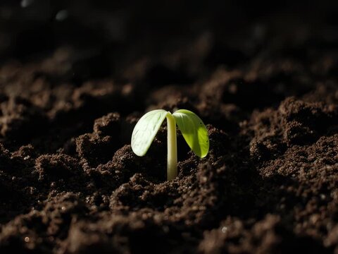 Life Starts Here. Seed Germination & New Life Emerging from Soil. Cinematic Nature. A sprout fully breaking free from soil with soil particles falling away, set in a close-up ground scene
