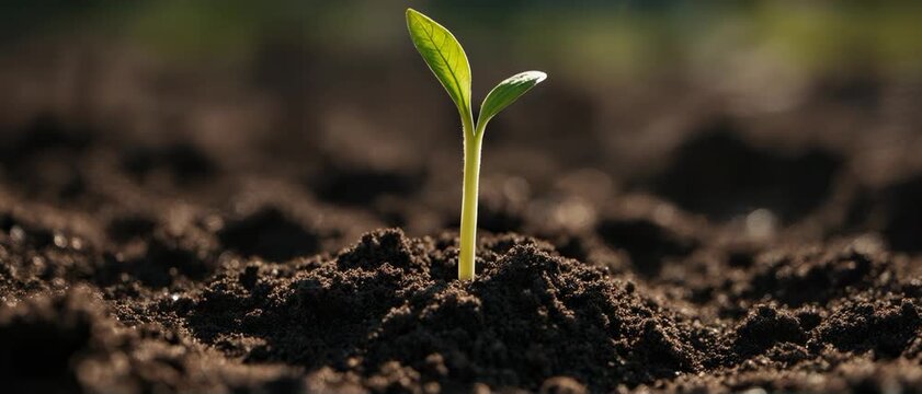 Life Starts Here. Seed Germination & New Life Emerging from Soil. Cinematic Nature. A sprout fully breaking free from soil with soil particles falling away, set in a close-up ground scene
