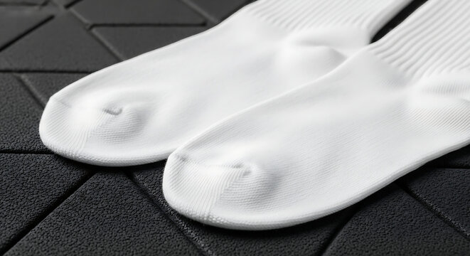 A close-up view of a pair of clean white socks resting on a dark, geometrically textured mat, highlighting their soft fabric and simple design.