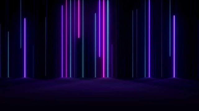 Abstract dark background with vertical neon purple and blue light bars in a futuristic stage setting.