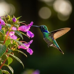 Fototapeta premium Hummingbird Feeding on Nectar from Purple Flowers in Lush Garden.
