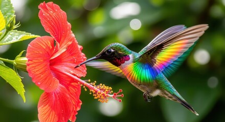 Hummingbird sipping nectar from a vibrant red hibiscus flower.