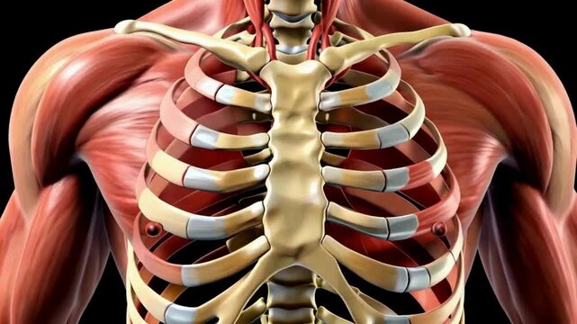High-quality medical animation showing ribcage and chest muscle anatomy. Digital visualization illustrating intercostal muscles and muscular structure. Suitable for medical education, anatomy studies,