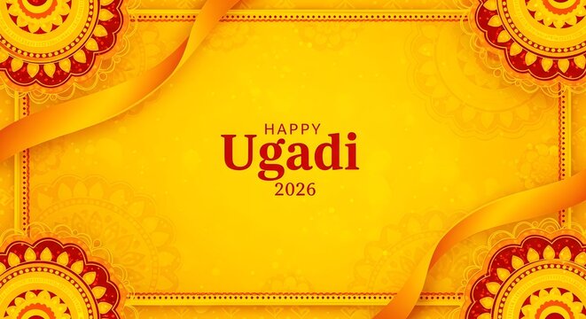 Happy ugadi 2026 festive yellow background with traditional design