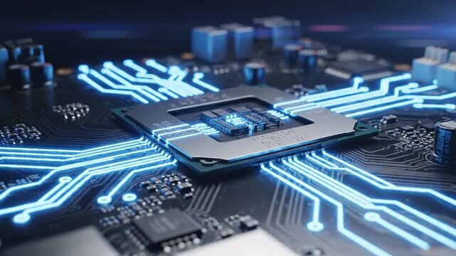 Close up of a glowing computer processor on a circuit board with blue light