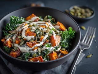 A vibrant salad featuring roasted sweet potatoes, pumpkin seeds, and a creamy dressing, served on a bed of dark leafy greens, with a side of roasted pumpkin seeds.
