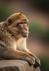Fototapeta premium A captivating closeup photograph of a Barbary macaque ape resting outdoors on a rocky outcrop, watching the surrounding area, wild, alert, animal