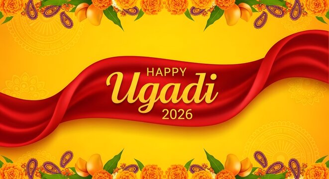 Happy ugadi 2026 greeting banner with festive decorations