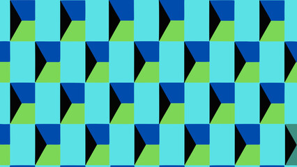 Vibrant seamless geometric pattern featuring an intricate array of blue and green 3D cubic shapes, creating an optical illusion of depth and dynamic abstract art for modern digital backgrounds