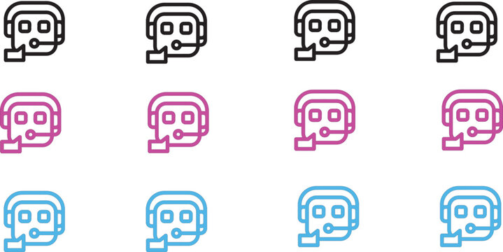 Artificial intelligence chatbot and virtual assistant icon set. Line art illustration of a robot with a headset representing automated customer support, smart help desk, and AI communication vector.
