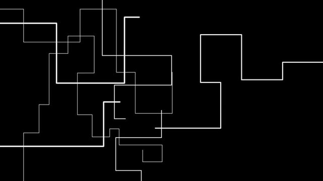Abstract black background with white geometric grid lines forming a complex digital maze pattern.