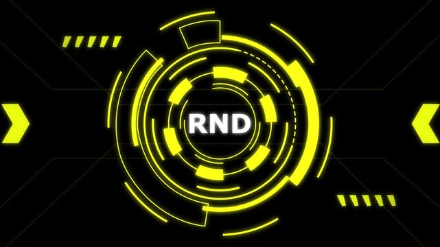 3D RND logo animation with glowing neon yellow light rings on black background.