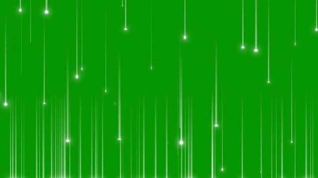 Abstract green background with glowing vertical light particles falling down like rain in a digital space.