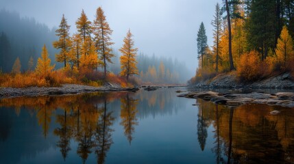 Fototapeta premium A serene autumn landscape with a calm river reflecting the vibrant colors of the surrounding trees and foliage.