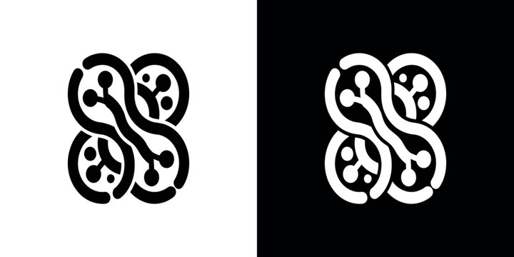 Black and white molecular structure symbols on split background