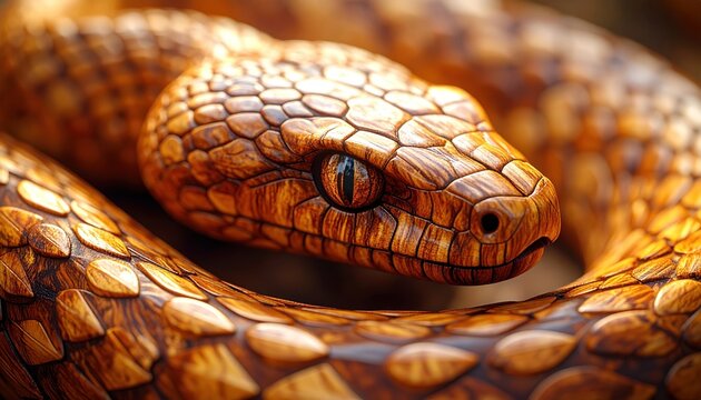 Detailed close-up of a coiled snake with intricate scale patterns.