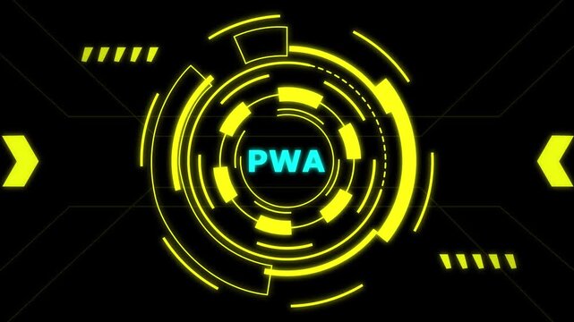 Progressive Web App PWA logo glowing neon yellow futuristic digital technology circle design on black background.