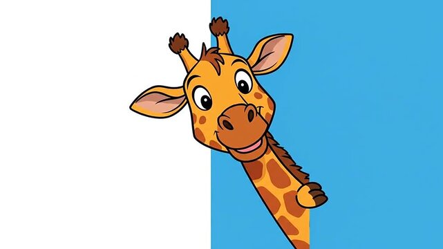 Cute Cartoon Giraffe Character Peeking from Side with Curious and Friendly Expression on Blue Background, Isolated.