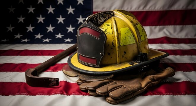 Firefighter's helmet and gloves on american flag