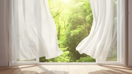 하얀 커튼이 바람에 날리는 숲속 창가의 청량한 여름 풍경 refreshing summer window view with white curtains blowing in the breeze
