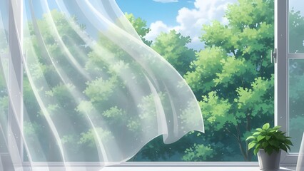 숲을 배경으로 하얀 레이스 커튼이 휘날리는 몽환적인 여름 숲 misty summer forest background with white lace curtains blowing