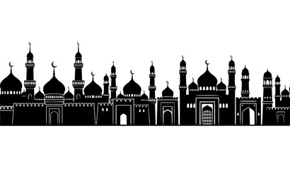 Islamic Mosque Cityscape Silhouette Skyline Vector with Minarets Domes and Castles © MDMunna