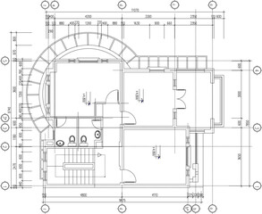 Architectural Drafting Illustration Showing Building Floor Plan with Curved Facade Geometry and Structured Column Placement