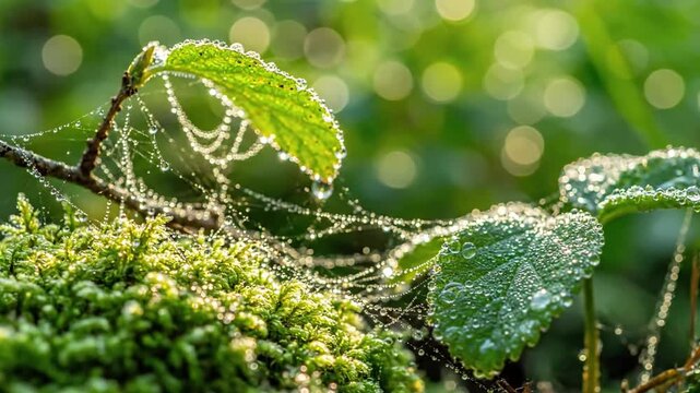 Textural forest floor with sparkling moss Low angle, emphasizing the rich, damp textures of moss and fallen leaves, highlighted by morning dew.
