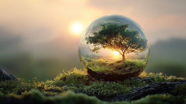 Pristine biosphere environment balance harmony concept focus on earth day theme whimsical Fusion sunrise horizon backdrop.