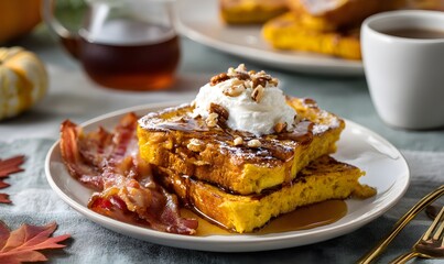 Plate of fall pumpkin French toast with maple syrup, whipped cream, pecans, side of bacon,