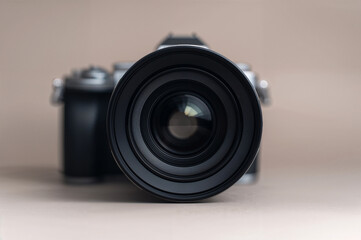 Macro Shot of Optical Glass Camera Lens with Minimalist Grey Backdrop