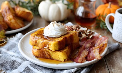 Plate of fall pumpkin French toast with maple syrup, whipped cream, pecans, side of bacon,