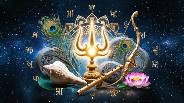 Sacred Hindu Divine Symbols with Trishula and Conch in Cosmic Space