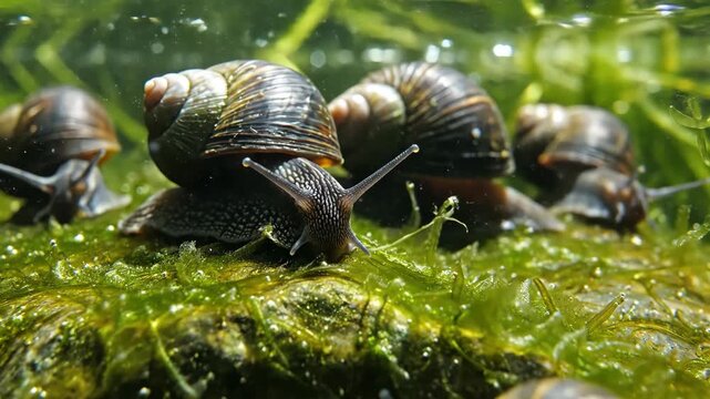 Detailed view of multiple freshwater snails in a small environment in an aquarium
