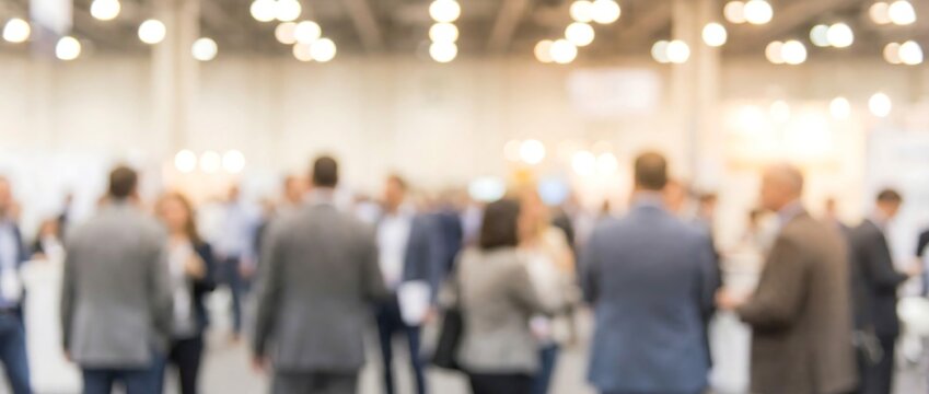 A large group of unrecognizable business professionals mingling and networking in a spacious, brightly lit convention center hall, fostering connections and collaboration.