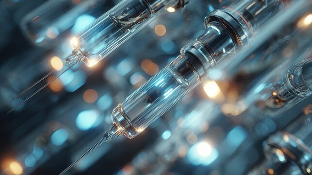 Vaccination equipment transparent tubes and ampoules arranged chaotically reflecting immunity progress and ethical debate concept copy space healthcare innovation theme futuristic Overlay research fac