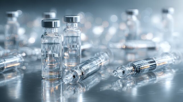 Vaccination equipment transparent tubes and ampoules arranged chaotically reflecting immunity progress and ethical debate concept copy space healthcare innovation theme futuristic Overlay research fac
