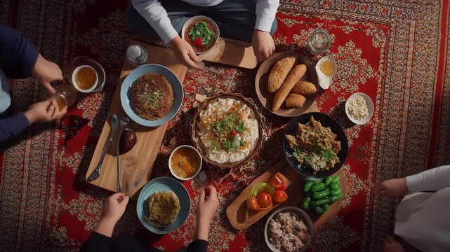 Overhead view of people gathered around a table with various dishes on a patterned rug