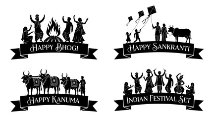 Happy Bhogi Sankranti Kanuma vector silhouette ribbon banners set featuring people dancing by bonfire, flying kites, and decorated holy cows for traditional Indian festival.